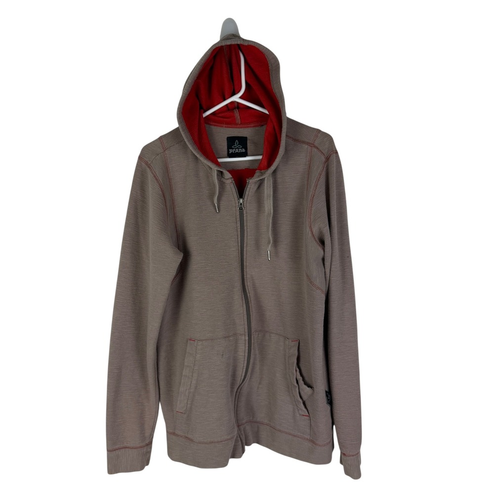 Prana Men's Large Full Zip Hoodie Tan Red Organic Cotton Textured‎ Rib Knit - Picture 6 of 11
